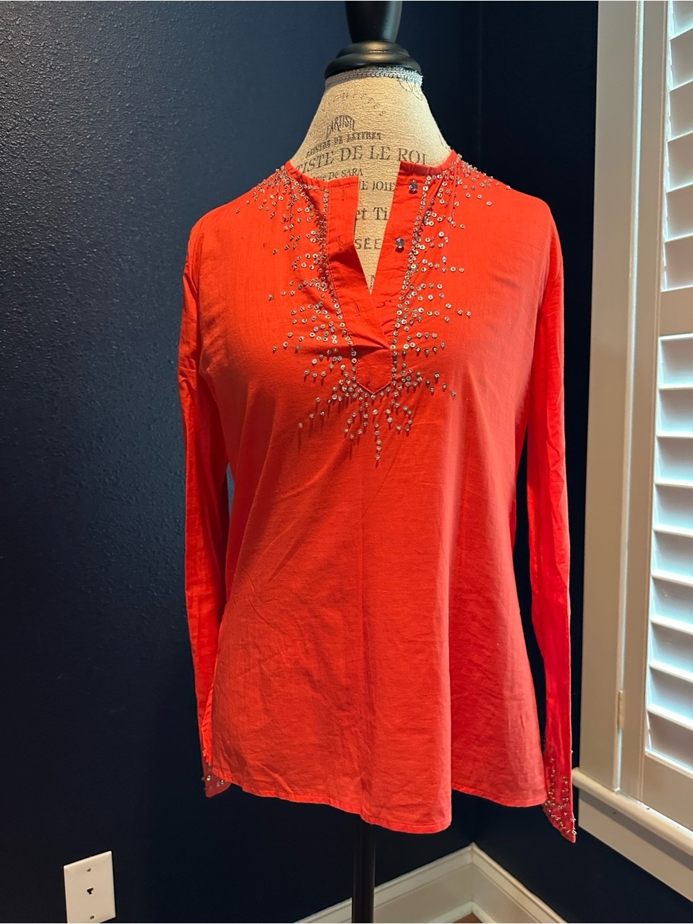 Ninety Red Long-Sleeve V-Neck Top with Rhinestone Embellishment